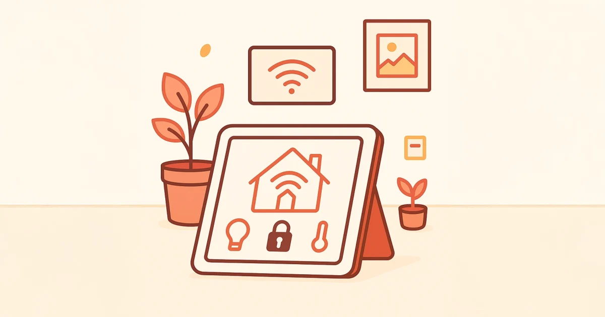 Illustration chaleureuse en style pastel représentant un écran de contrôle de maison connectée avec des icônes de domotique (lumière, sécurité, audio), accompagnée de plantes et de décor minimaliste, sur fond beige avec le message "AU REVOIR" – idéale pour conclure un article sur la maison intelligente ou les technologies domestiques.