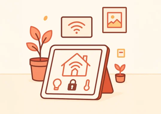 Illustration chaleureuse en style pastel représentant un écran de contrôle de maison connectée avec des icônes de domotique (lumière, sécurité, audio), accompagnée de plantes et de décor minimaliste, sur fond beige avec le message "AU REVOIR" – idéale pour conclure un article sur la maison intelligente ou les technologies domestiques.