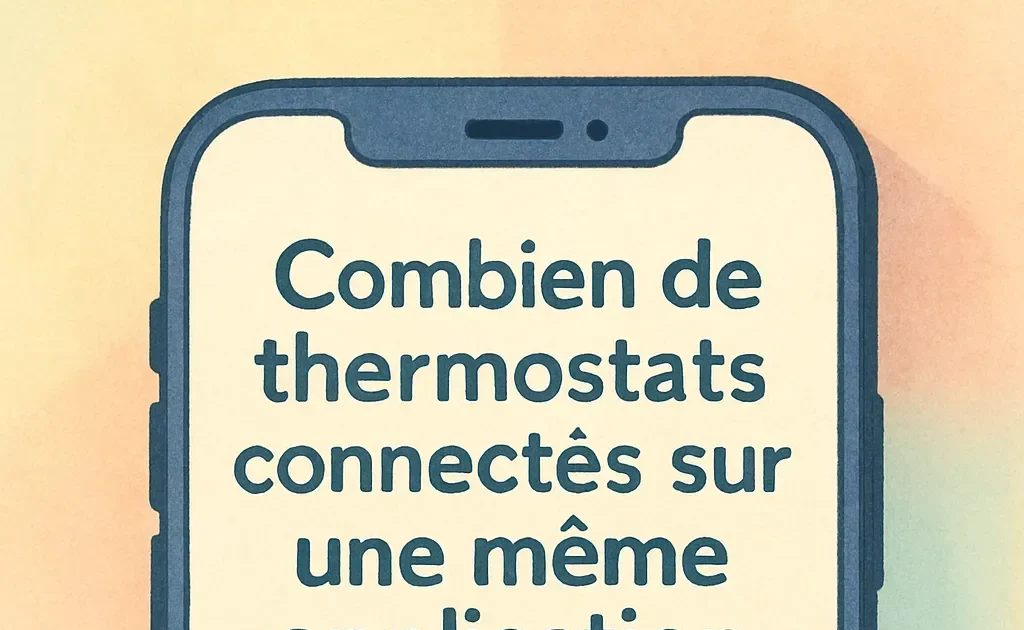 Smartphone montrant une interface d'application avec plusieurs thermostats connectés et leurs réglages de température.