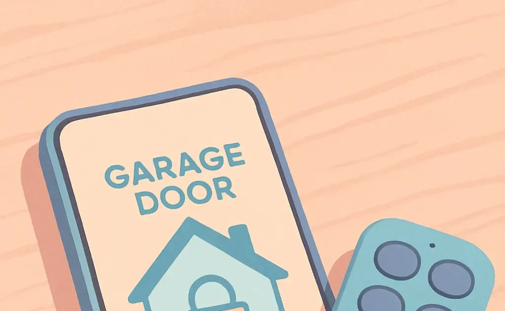 Application mobile de commande de porte de garage affichée sur un smartphone, illustrant la connexion moderne entre les technologies domestiques et mobiles.