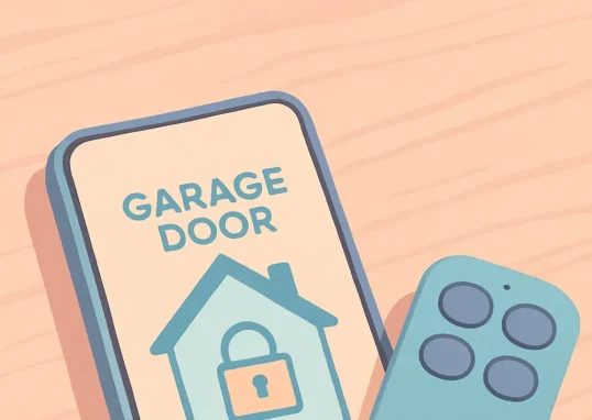 Application mobile de commande de porte de garage affichée sur un smartphone, illustrant la connexion moderne entre les technologies domestiques et mobiles.