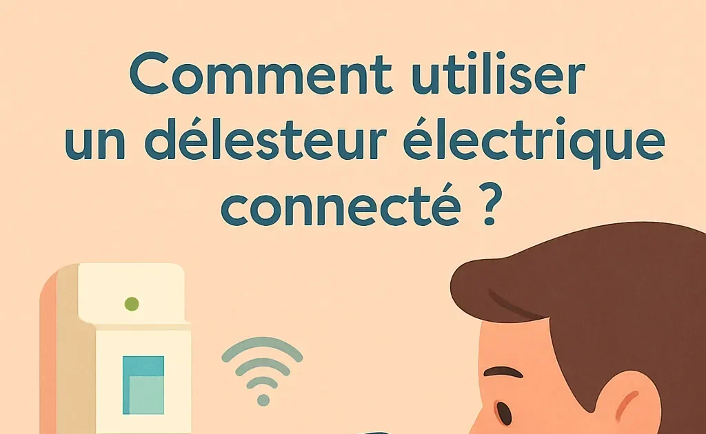 Un homme ajuste les réglages d'un délesteur connecté via une application numérique, avec un focus sur l'écran illustrant les statistiques de consommation d'énergie.