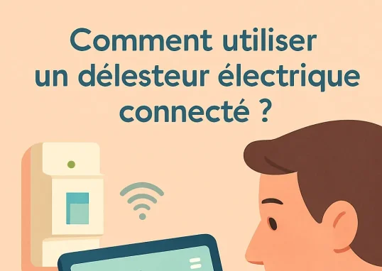 Un homme ajuste les réglages d'un délesteur connecté via une application numérique, avec un focus sur l'écran illustrant les statistiques de consommation d'énergie.
