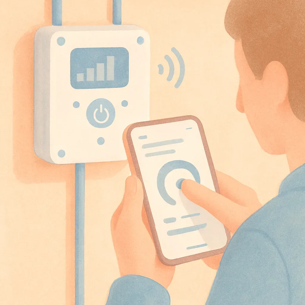 Photo d'une personne utilisant une application mobile pour configurer un délesteur connecté.