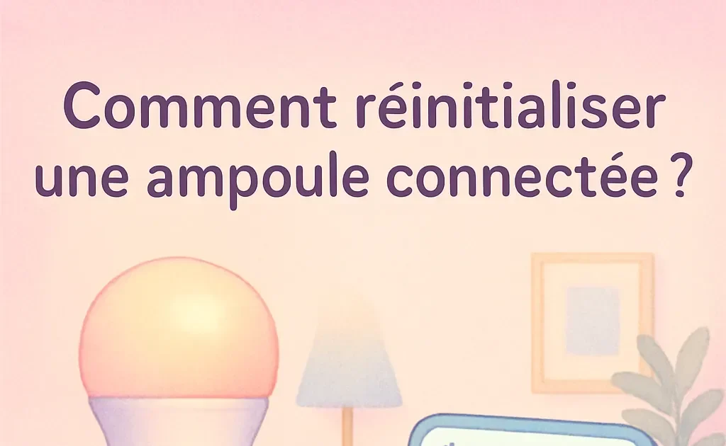 Image d'une main montrant une ampoule intelligente et un téléphone avec une application de domotique, illustrant le processus de réinitialisation.