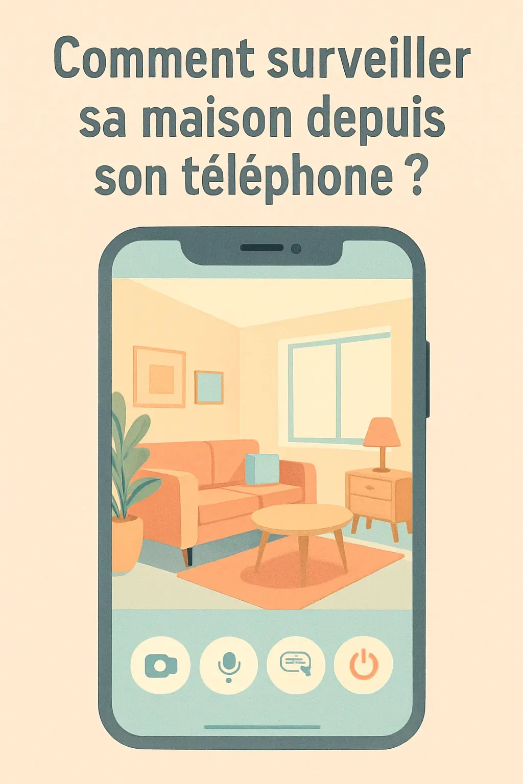 Vue d'un téléphone portable utilisant une application de caméra de sécurité pour surveiller un salon à distance.