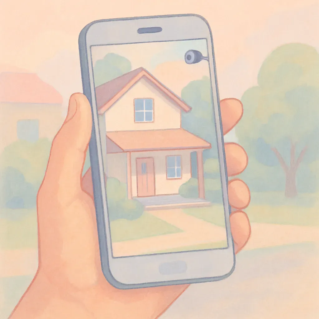 Une main montre un téléphone portable avec des images de caméra en direct de différentes pièces d'une maison.