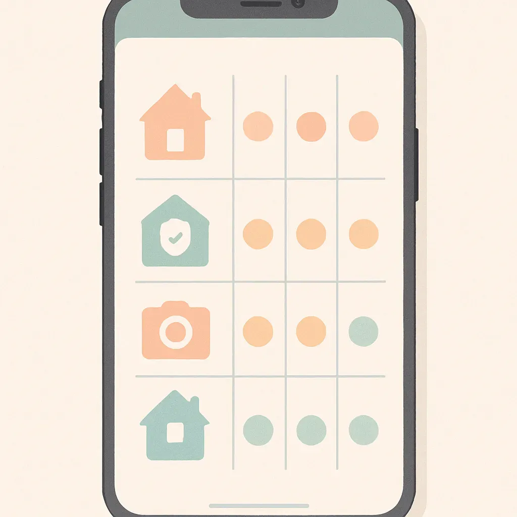 Un écran de téléphone avec différentes icônes d'applications de surveillance et leurs caractéristiques comparatives.