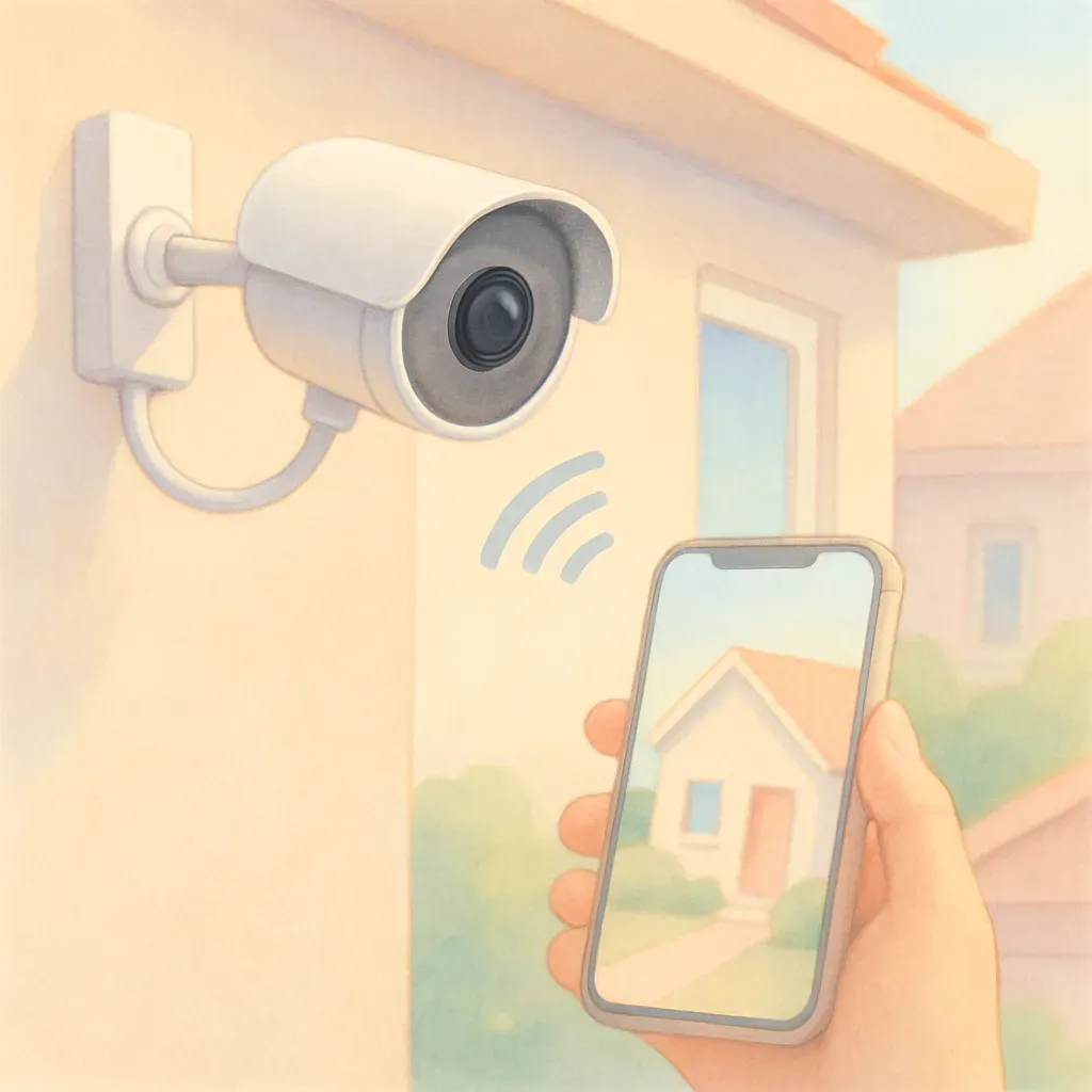 Une caméra de surveillance fixée sur un mur extérieur d'une maison, avec un téléphone affichant l'application liée.