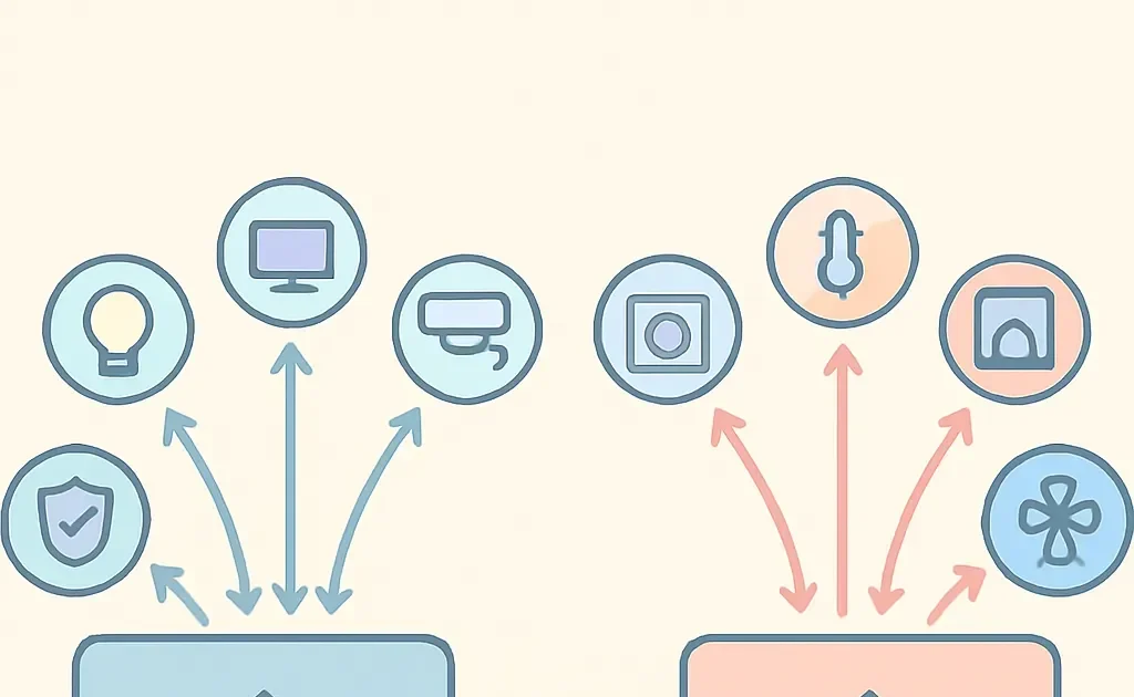 Illustration montrant la connexion entre deux systèmes domotiques compatibles grâce à un hub central, facilitant la communication d'appareils intelligents divers.