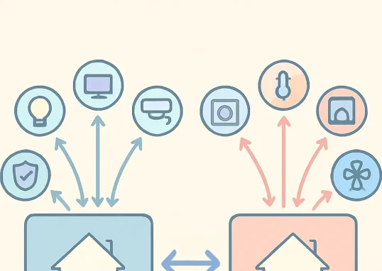 Illustration montrant la connexion entre deux systèmes domotiques compatibles grâce à un hub central, facilitant la communication d'appareils intelligents divers.
