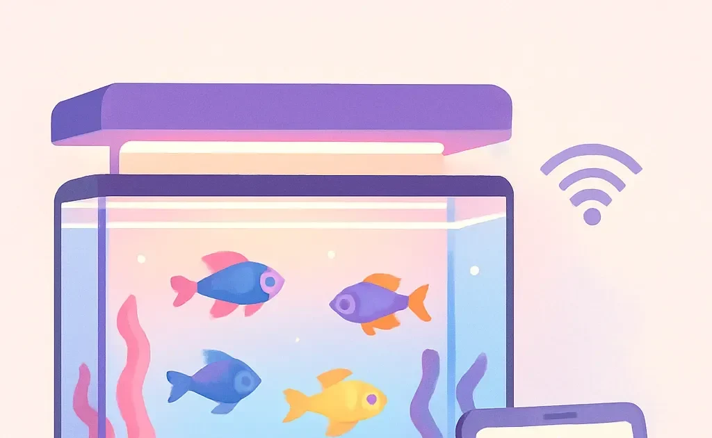Un aquarium high-tech avec un système d'éclairage sophistiqué, mettant en valeur les détails vibrants de la flore et de la faune aquatiques, tout en étant géré par une interface utilisateur intuitive sur un appareil mobile.