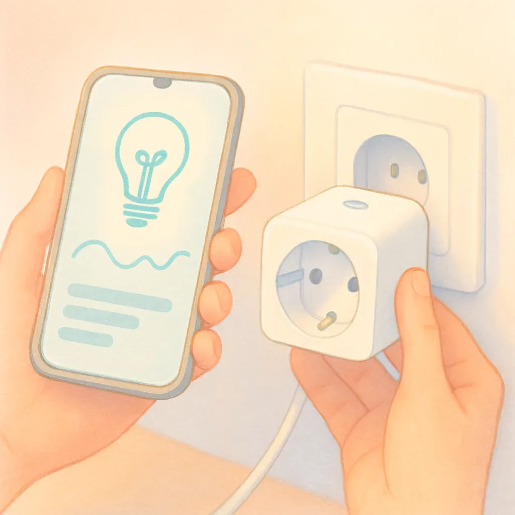 Gros plan sur des mains insérant une prise connectée dans un mur avec un smartphone montrant une appli énergétique.