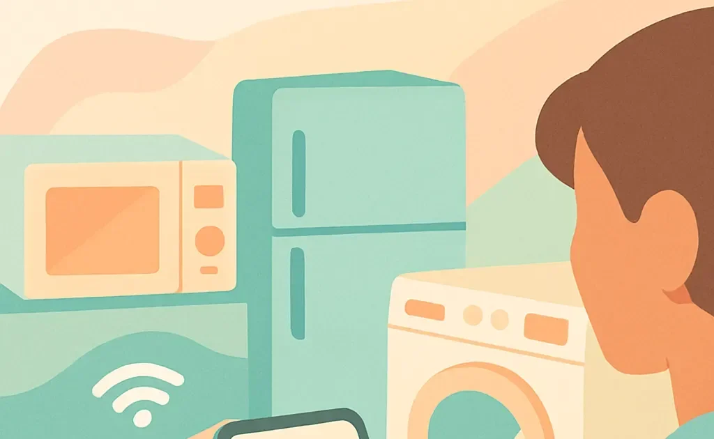 Une scène illustrant l'utilisation de prises connectées pour surveiller la consommation énergétique des appareils électroménagers, avec un focus sur la technologie et l'efficacité énergétique.