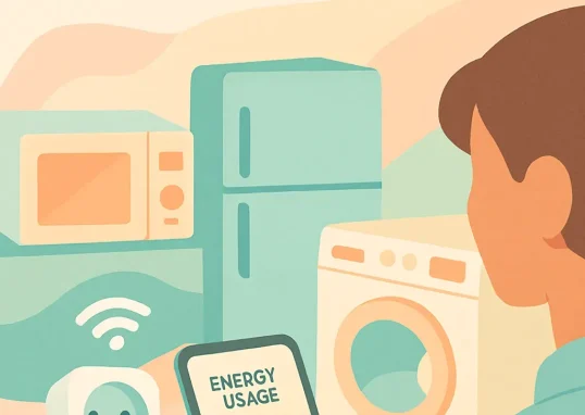 Une scène illustrant l'utilisation de prises connectées pour surveiller la consommation énergétique des appareils électroménagers, avec un focus sur la technologie et l'efficacité énergétique.