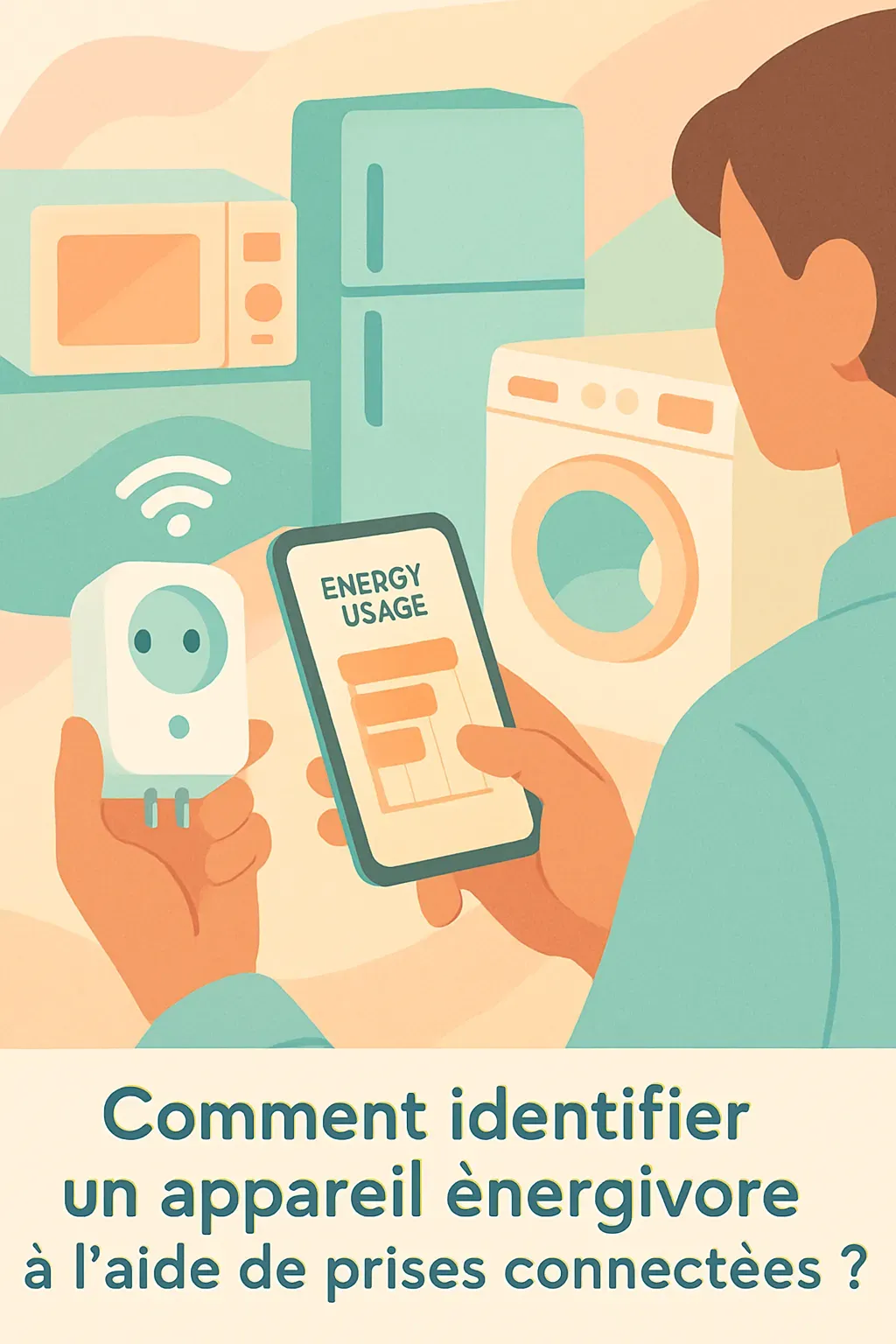 Une scène illustrant l'utilisation de prises connectées pour surveiller la consommation énergétique des appareils électroménagers, avec un focus sur la technologie et l'efficacité énergétique.