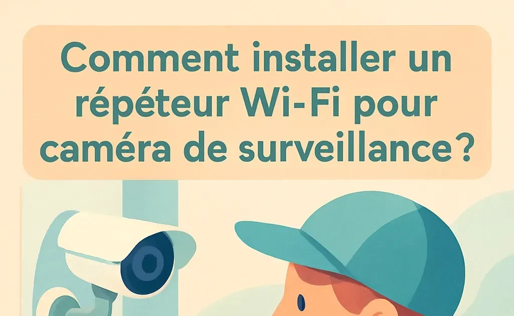 Installation d'un répéteur Wi-Fi près d'une caméra de surveillance extérieure avec un manuel d'instructions visible.