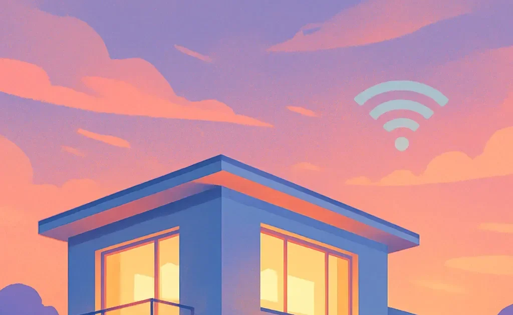 Une maison équipée de la technologie de domotique, éclairée automatiquement à la tombée de la nuit.