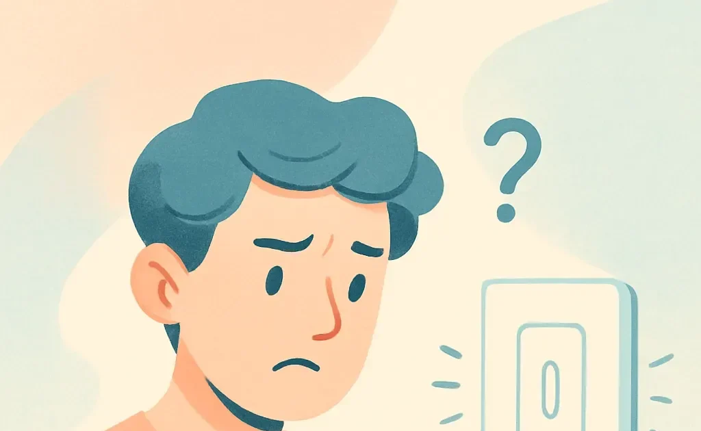 Une personne essayant de diagnostiquer un problème avec un interrupteur intelligent à l'aide de son téléphone.