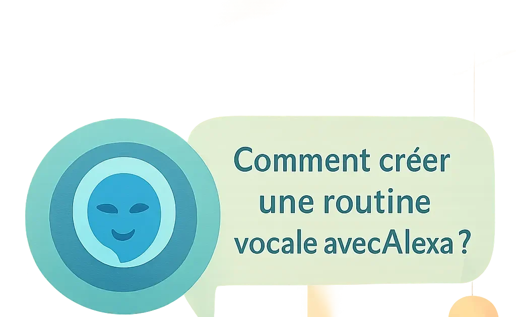 Une image montrant un assistant vocal Alexa en action, avec une personne en arrière-plan interagissant via commande vocale dans une cuisine moderne.