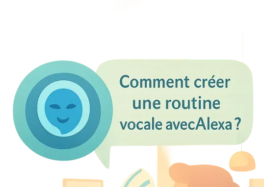 Une image montrant un assistant vocal Alexa en action, avec une personne en arrière-plan interagissant via commande vocale dans une cuisine moderne.