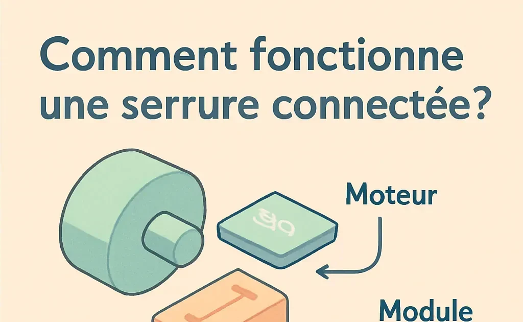 Une serrure connectée installée sur une porte moderne, avec un smartphone à côté affichant une application de contrôle de la serrure, illustrant l'aspect pratique et high-tech de cette technologie