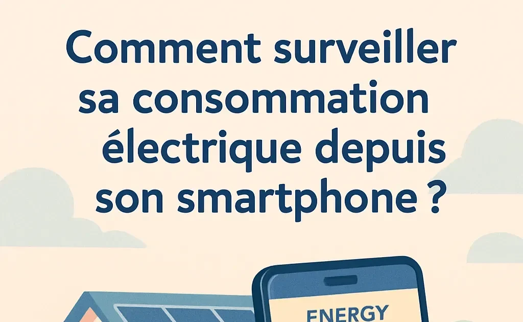 Personne vérifiant son application de suivi énergétique sur son smartphone, montrant la consommation électrique en temps réel, avec des panneaux solaires visibles sur la maison derrière.
