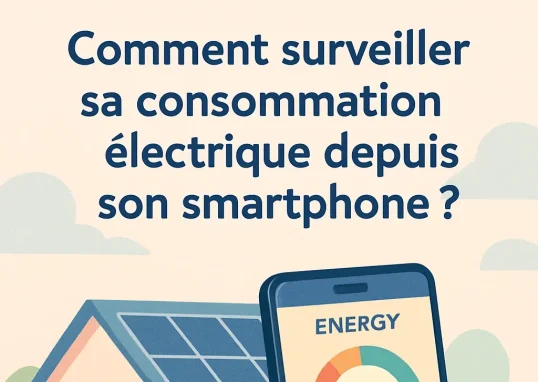 Personne vérifiant son application de suivi énergétique sur son smartphone, montrant la consommation électrique en temps réel, avec des panneaux solaires visibles sur la maison derrière.