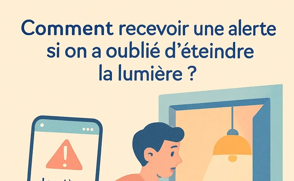 Un individu sortant rapidement d'une salle illuminée, tenant un téléphone avec un message alertant d'une lumière non éteinte.