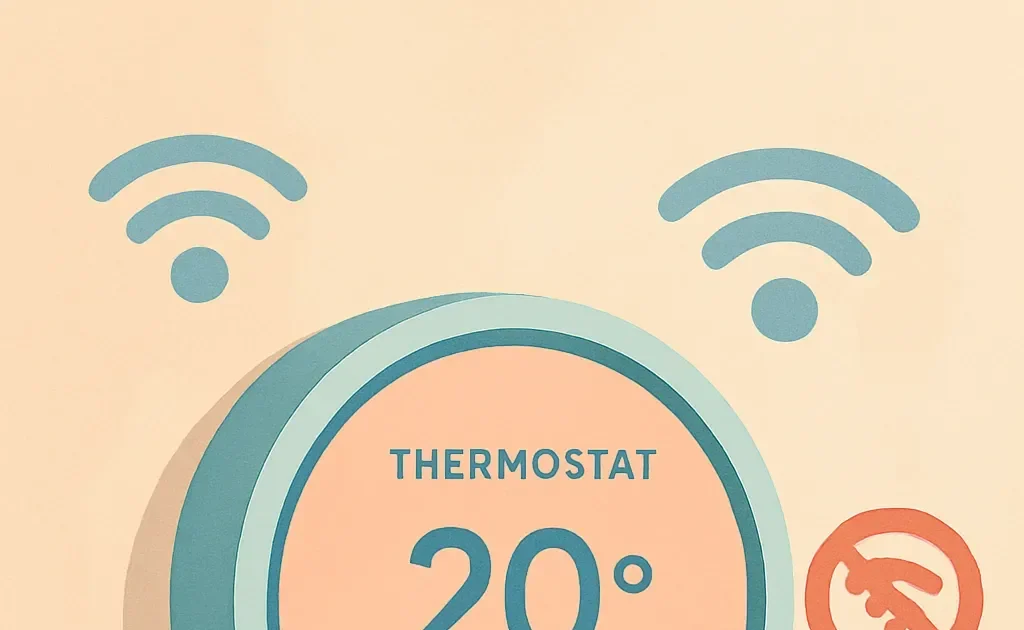 Image d'un thermostat intelligent fixé sur un mur, avec des symboles de signal Wi-Fi environnants montrant une icône de déconnexion pour illustrer un problème de connexion au réseau sans fil.