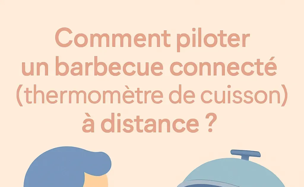 Scène d'un barbecue moderne affichant un thermomètre de cuisson connecté, tandis qu'une personne interagit avec une application sur son téléphone pour contrôler la cuisson à distance.