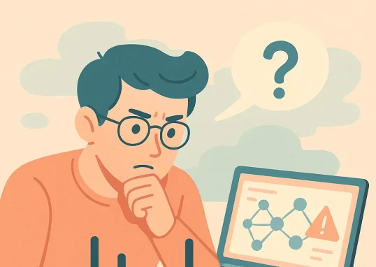 Un homme utilisant un ordinateur portable pour diagnostiquer un problème de connexion réseau, avec des appareils connectés visibles autour de lui, mettant en évidence une scène de dépannage technique à domicile.