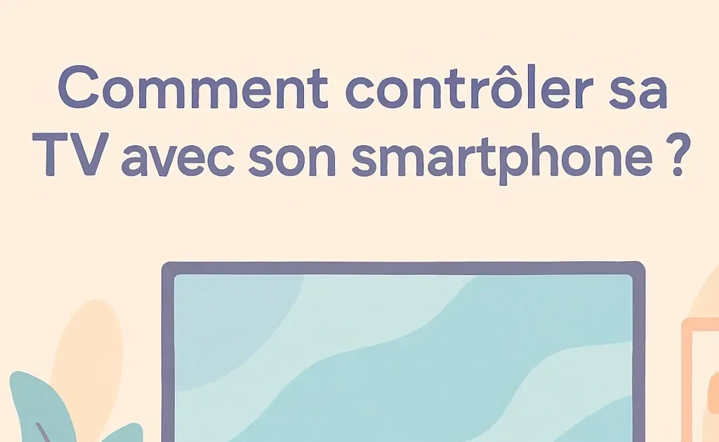 Une main utilisant un smartphone pour contrôler la télévision dans un salon, montrant l'application de télécommande à l'écran.