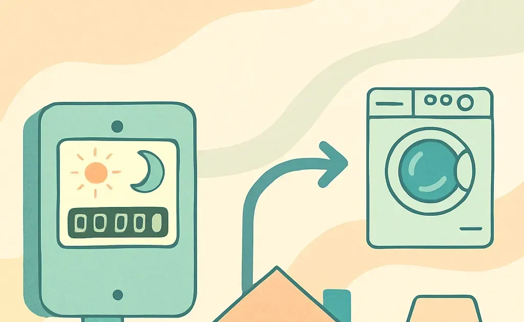 Un compteur intelligent affiche les périodes de tarif plein et tarif réduit, avec des appareils électroménagers symbolisant la gestion automatique de la consommation d'énergie.