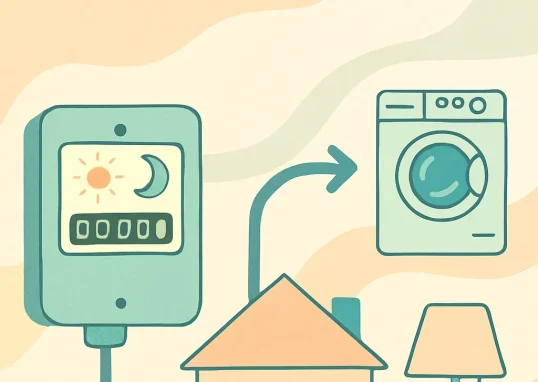 Un compteur intelligent affiche les périodes de tarif plein et tarif réduit, avec des appareils électroménagers symbolisant la gestion automatique de la consommation d'énergie.