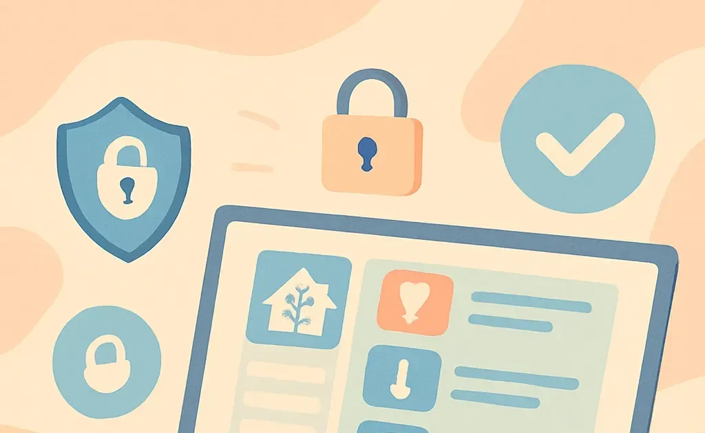 Interface graphique de Home Assistant affichée sur un ordinateur portable, symbolisant un accès sécurisé avec des cadenas et des icônes de sécurité.