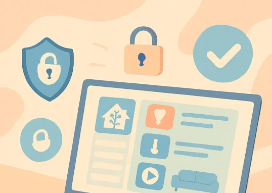 Interface graphique de Home Assistant affichée sur un ordinateur portable, symbolisant un accès sécurisé avec des cadenas et des icônes de sécurité.