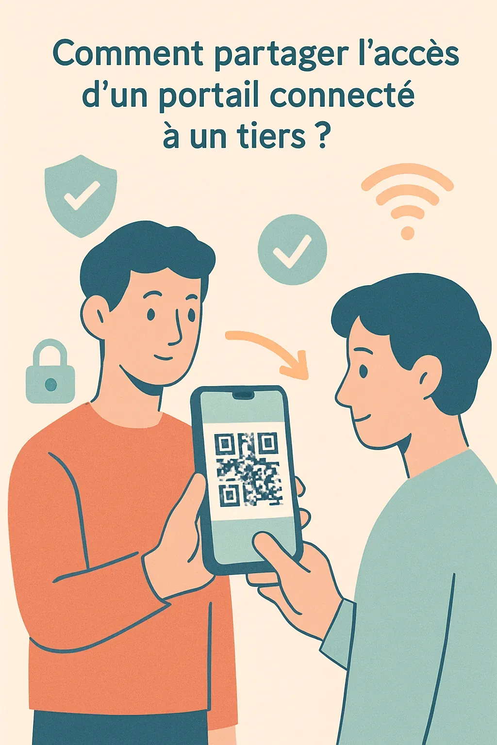Une image montrant un utilisateur de smartphone partageant un code QR pour l'accès à un portail, symbolisant la sécurité et la connectivité.