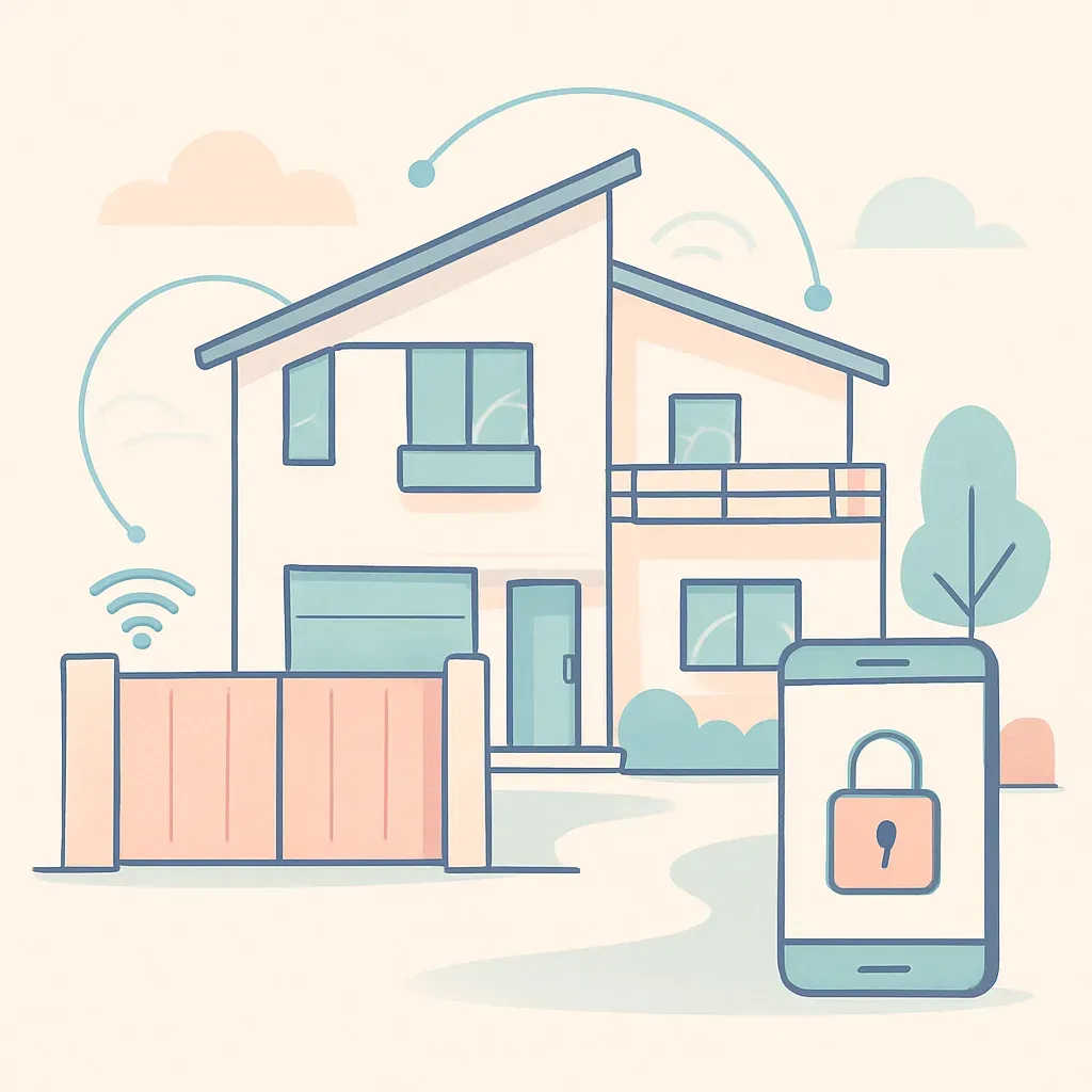 Maison moderne avec un portail connecté illustrant la connectivité et le contrôle à distance.