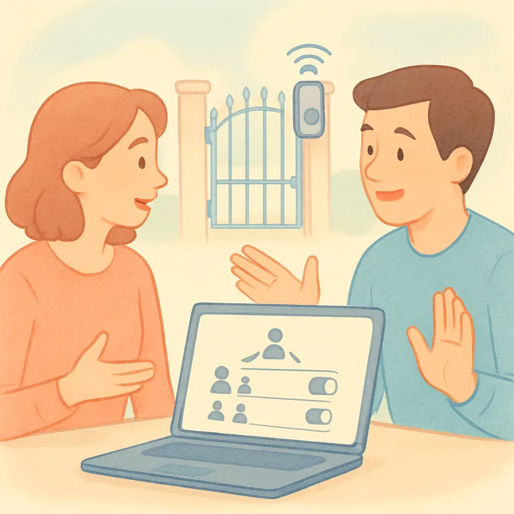 Discussion entre deux personnes sur le partage de l'accès à un portail intelligent.