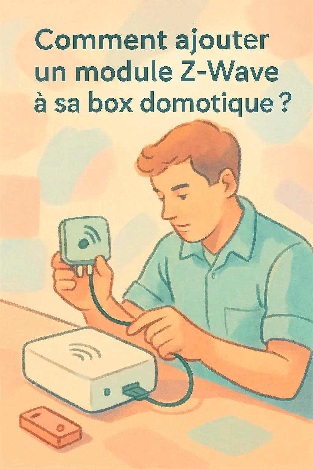 Un module Z-Wave est en cours de connexion à une box domotique par un technicien, illustrant l'intégration des dispositifs domotiques pour faciliter la maison intelligente.
