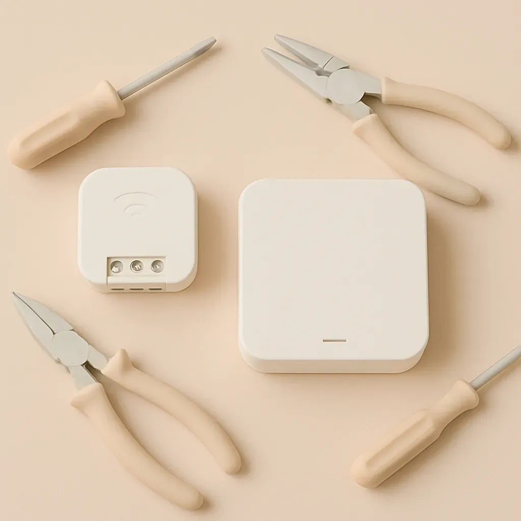 Photo d'un module Z-Wave et d'une box domotique avec les outils d'installation.