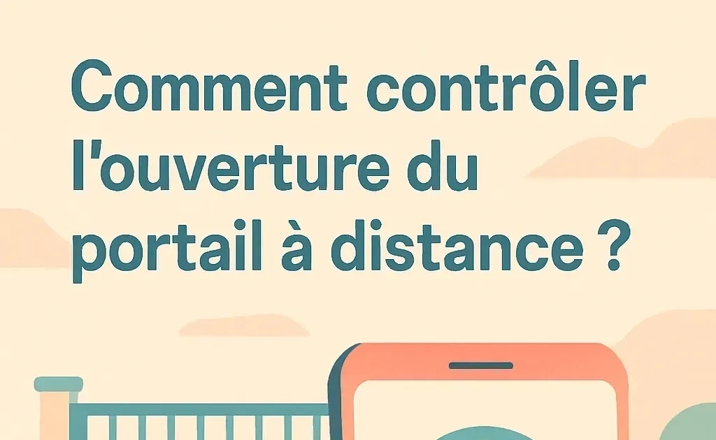 Une main tenant un smartphone avec une application ouverte montrant les options de contrôle d'un portail, avec le portail physique visible à l'arrière-plan.