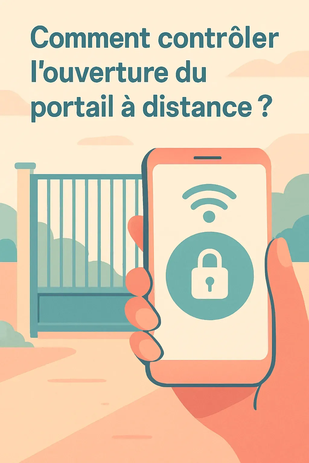Une main tenant un smartphone avec une application ouverte montrant les options de contrôle d'un portail, avec le portail physique visible à l'arrière-plan.