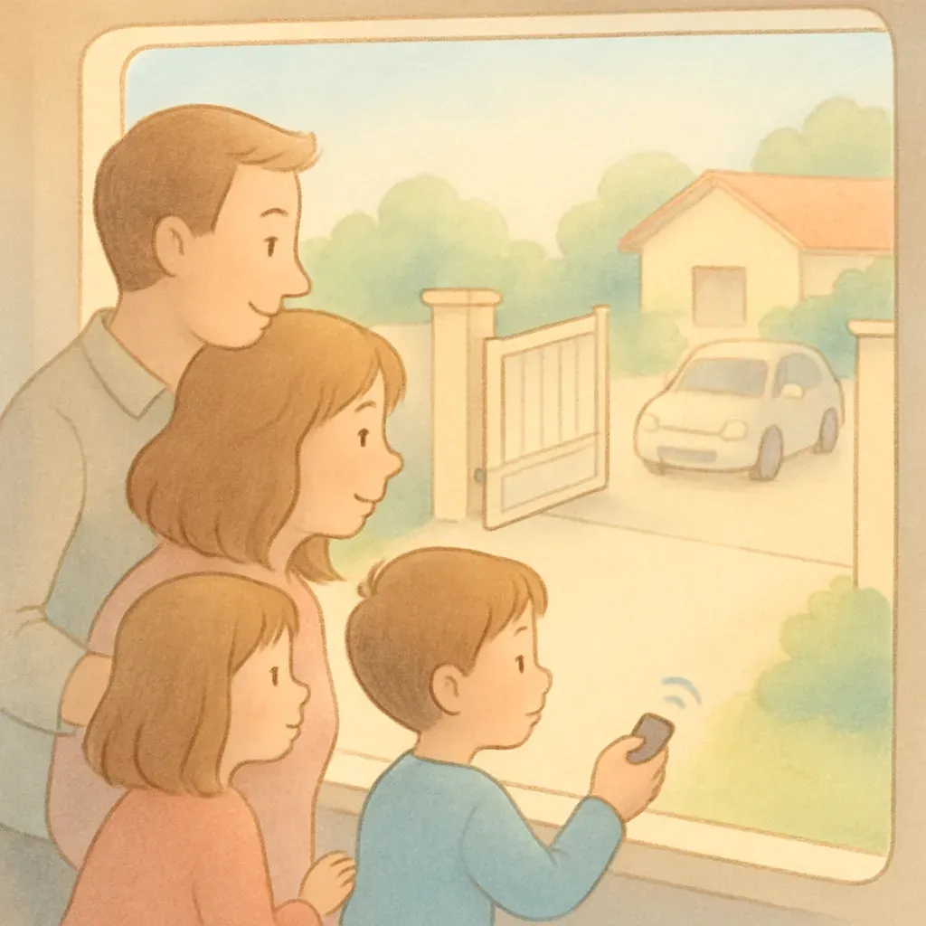 Une famille observe le fonctionnement à distance de leur portail automatique.