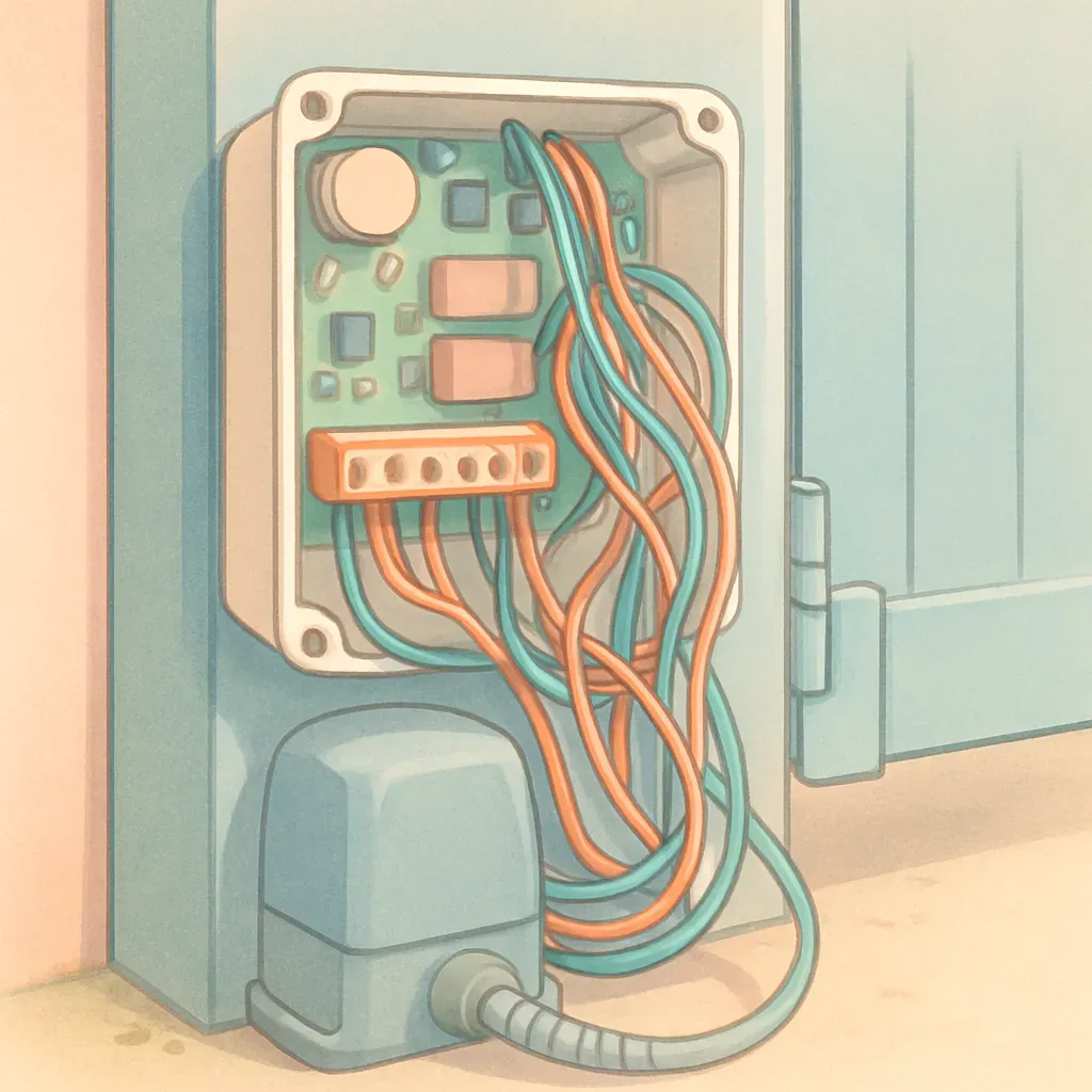 Détails techniques d'un panneau de contrôle pour motorisation de portail.