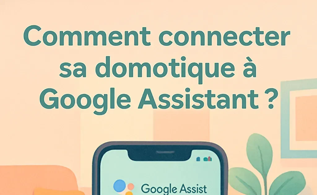 Un téléphone portable montrant Google Assistant entouré de gadgets domestiques intelligents dans un intérieur contemporain.
