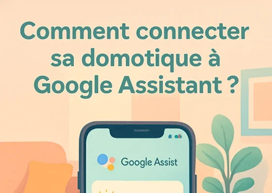 Un téléphone portable montrant Google Assistant entouré de gadgets domestiques intelligents dans un intérieur contemporain.