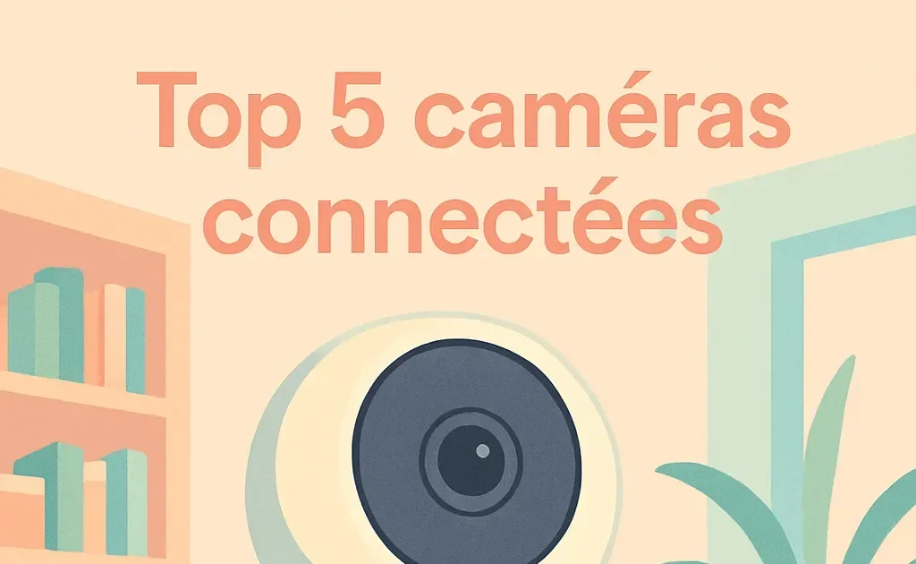 Une main tenant une caméra connectée face à une bibliothèque et des plantes, représentant son intégration dans une maison moderne.