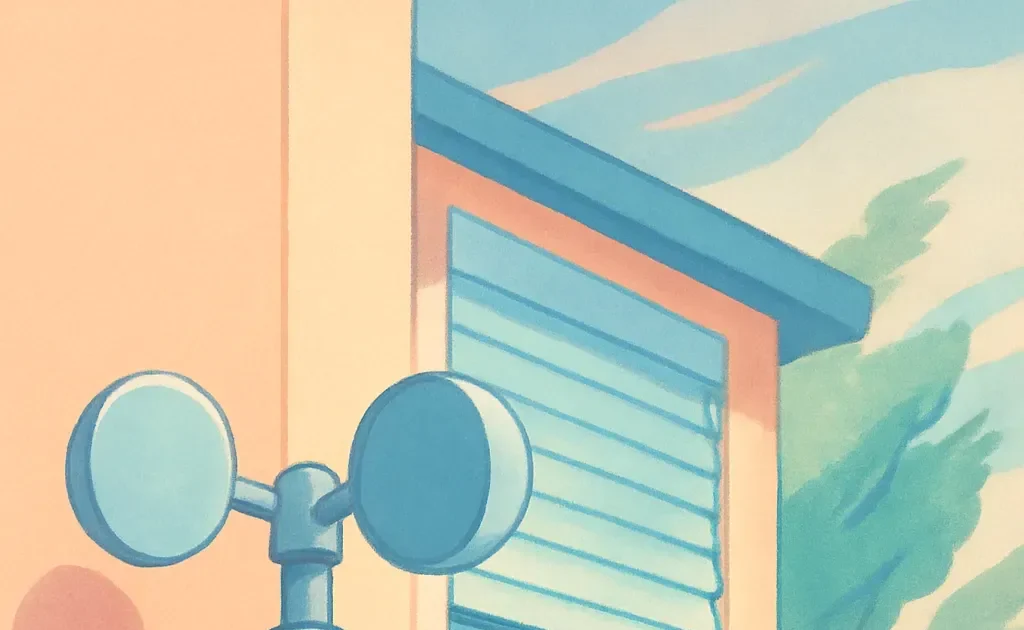 Un capteur de vent fixé sur une façade avec des stores partiellement remontés et des arbres agités par le vent, démontrant le système d'automatisation pour protéger les stores lors de vents violents.